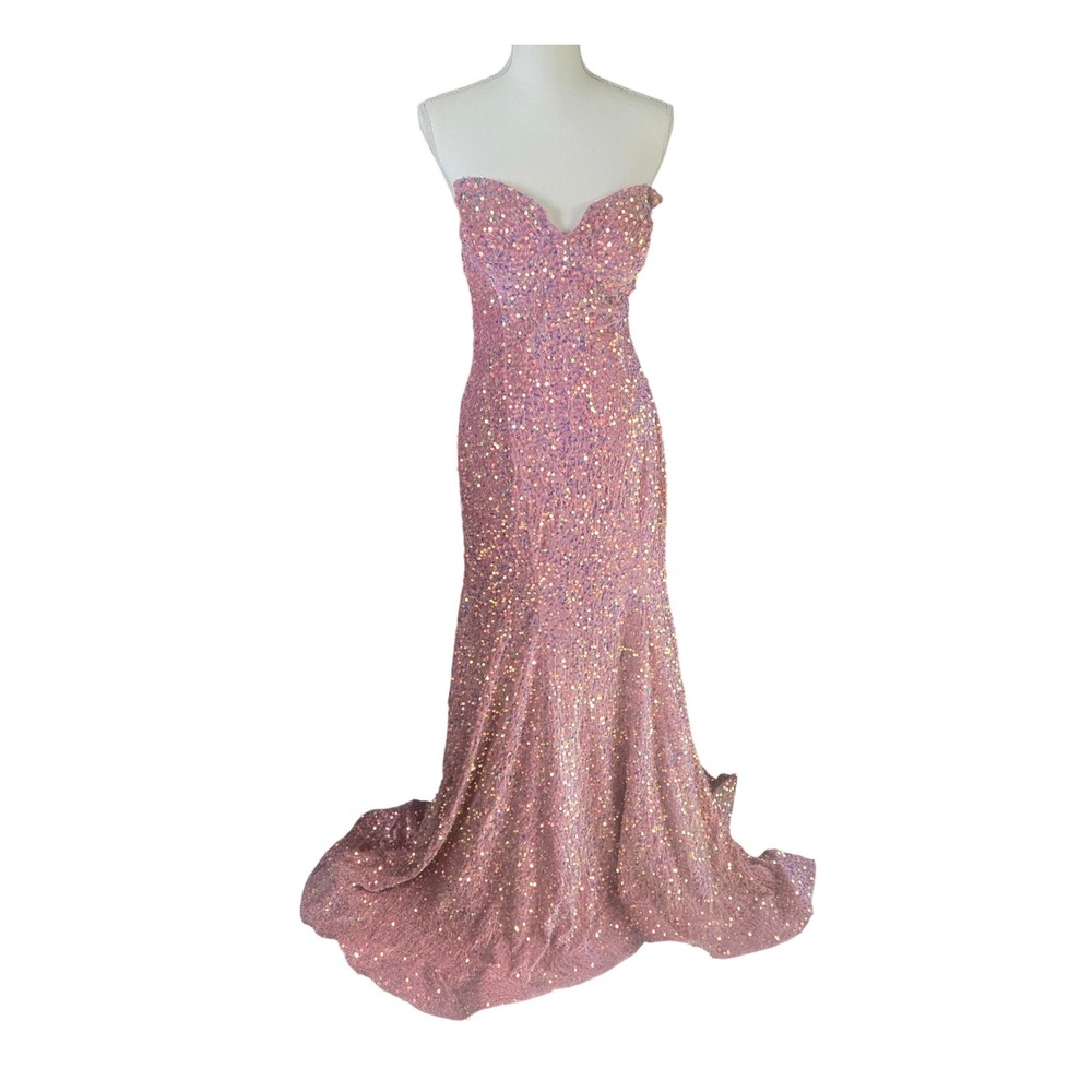 Pink Iridescent Sequin Mermaid Gown Sweetheart Corset Back Formal Dress Prom